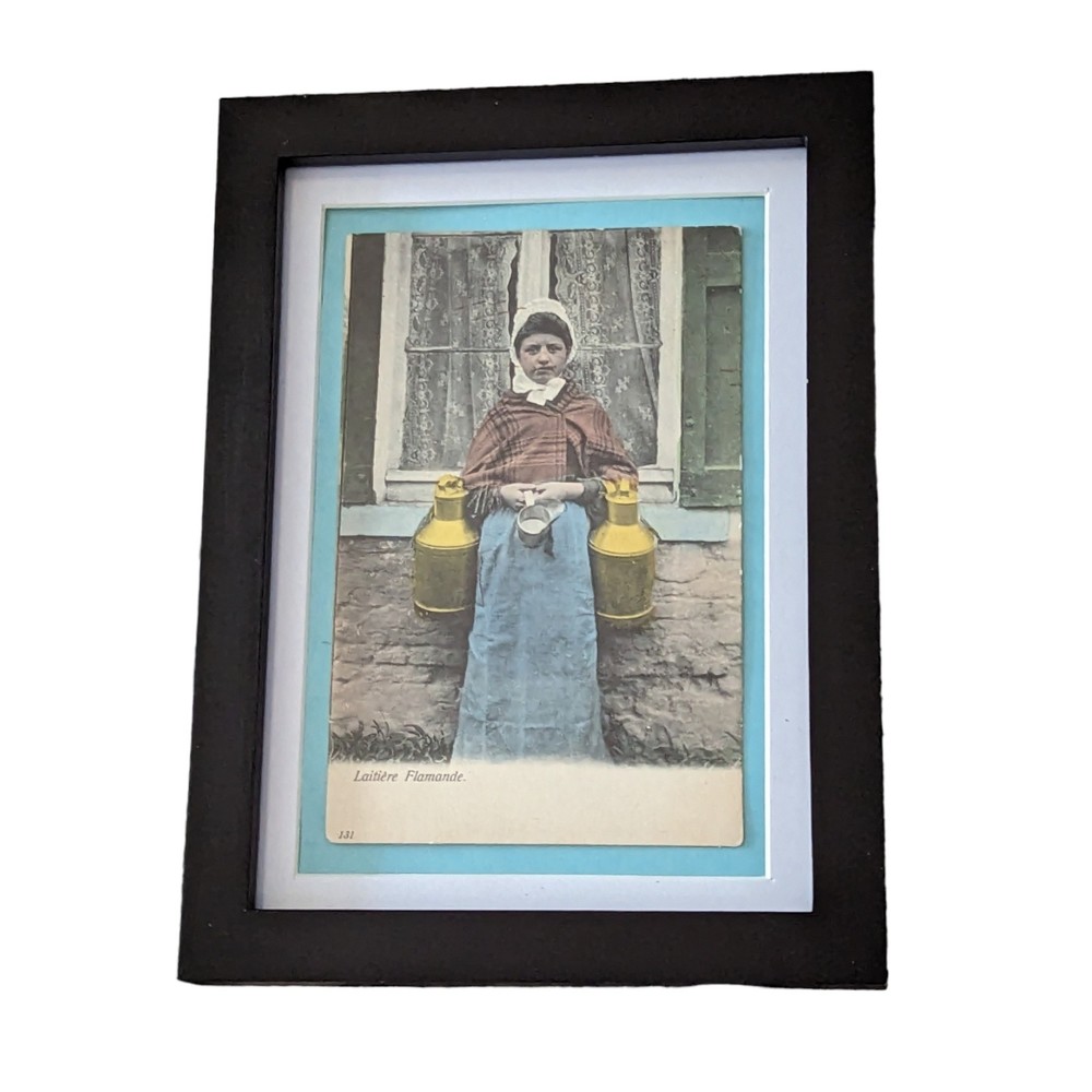 Small Art Flemish Milkmaid Vintage Post Card Framed Matted Bonnet 1920's Cans